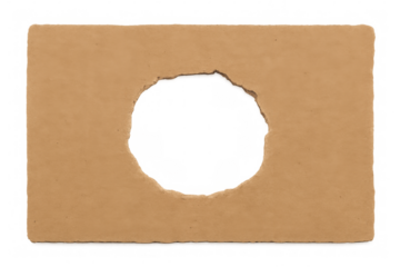 Rectangular brown cardboard piece with a large circular hole revealing transparent background, isolated