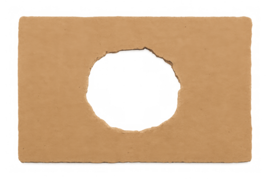 Rectangular brown cardboard piece with a large circular hole revealing transparent background, isolated