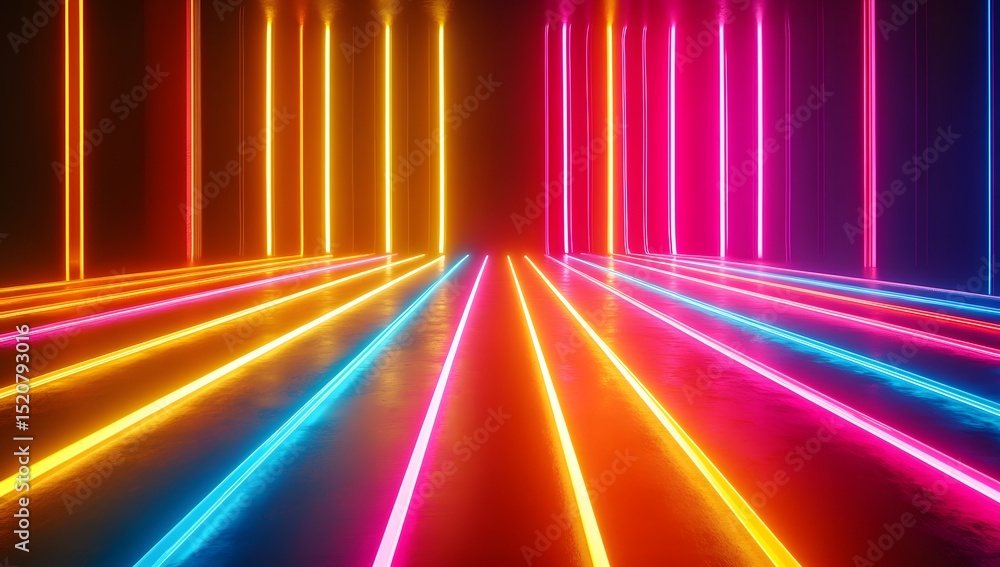 Poster abstract background with colorful laser lines and stripes, a 3d rendering illustration of digital ar