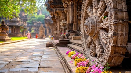 Intricate Stone Wheel Detail at Ancient Temple in Sunny Setting