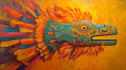 Aztec feathered serpent head with orange background in a painting style.