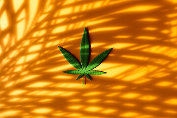 3D render of green cannabis leaf with palm shadows on orange background
