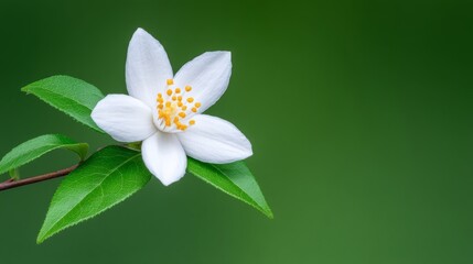 Delicate White Flower with Yellow Stamens on Green Background with Dew Drops