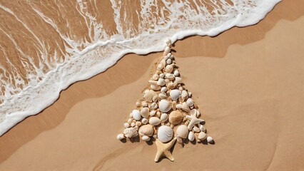 Creative Coastal Christmas Tree Design with Seashells on Sandy Beach Shoreline. A festive Christmas tree constructed from seashells, set on sandy beach with waves in the background