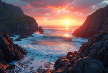 vibrant sunset rugged coastline dramatic ocean horizon colorful sky wave landscape, waves, beach, rocky, clouds, nature, scenic, water, shore, coastal
