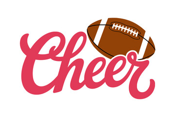 Cheer Script with Football and Bow Design, Playful cheerleading graphic featuring pink script text, a football with stitches, and a matching pink bow for spirited sports themes.

