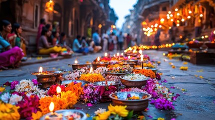 Vibrant Festival Celebration with Diyas and Colorful Flowers on Street