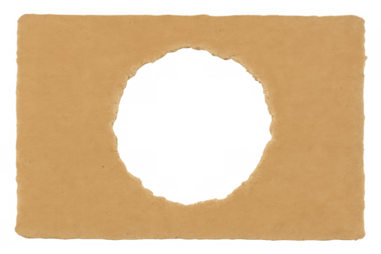Circular cardboard hole ripping through transparent surface, revealing weathered, distressed material with vintage grunge aesthetic