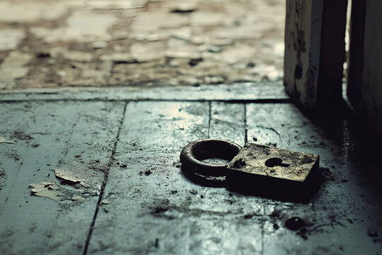 A broken lock lying on the floor, symbolizing the disconnection between thoughts and reality and the inability to unlock meaning