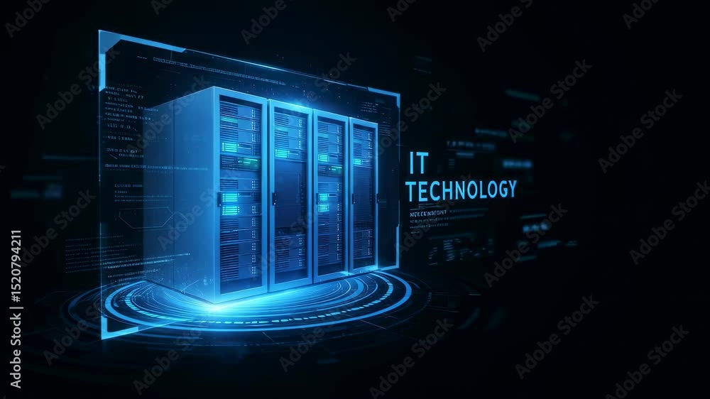 Poster Server rack animation with IT technology text. Data center cyber security abstract background. Big data and cloud computing service.