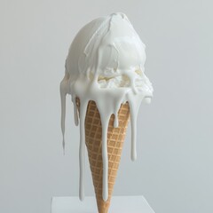 Melted white ice cream scoop atop a waffle cone, dripping onto a small white pedestal against a stark white background