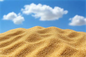 Undulating tan sand dune against a vibrant blue sky with fluffy white clouds