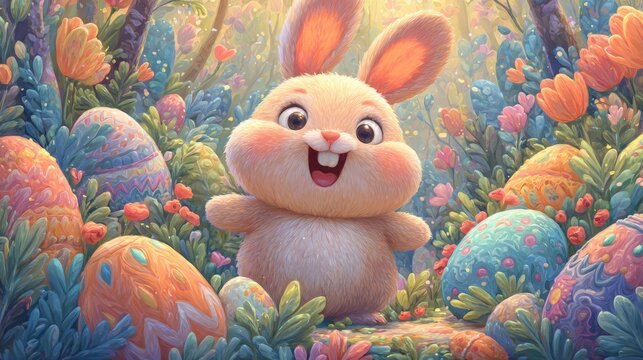 Charming rabbit sitting in a vibrant field of colorful flowers under a bright sunny sky, perfect for an enchanting easter theme and spring celebration in nature's beauty