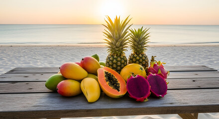 A colorful display of tropical fruits set on a wooden table at a beautiful beach during sunset.