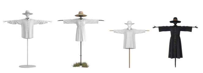 Four unique scarecrows displayed in different styles and colors for farming aesthetics.