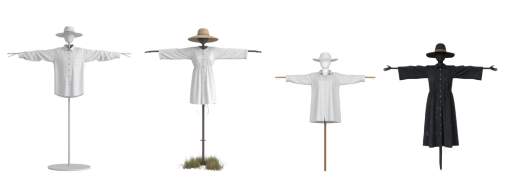 Four unique scarecrows displayed in different styles and colors for farming aesthetics.