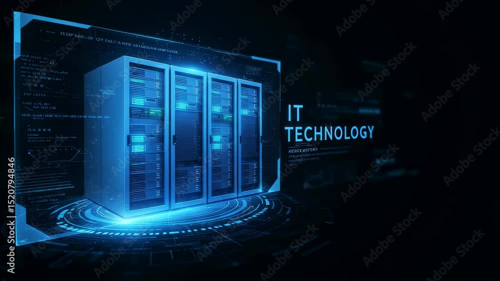Poster server racks in data center room. futuristic computer network and cloud computing with holographic e