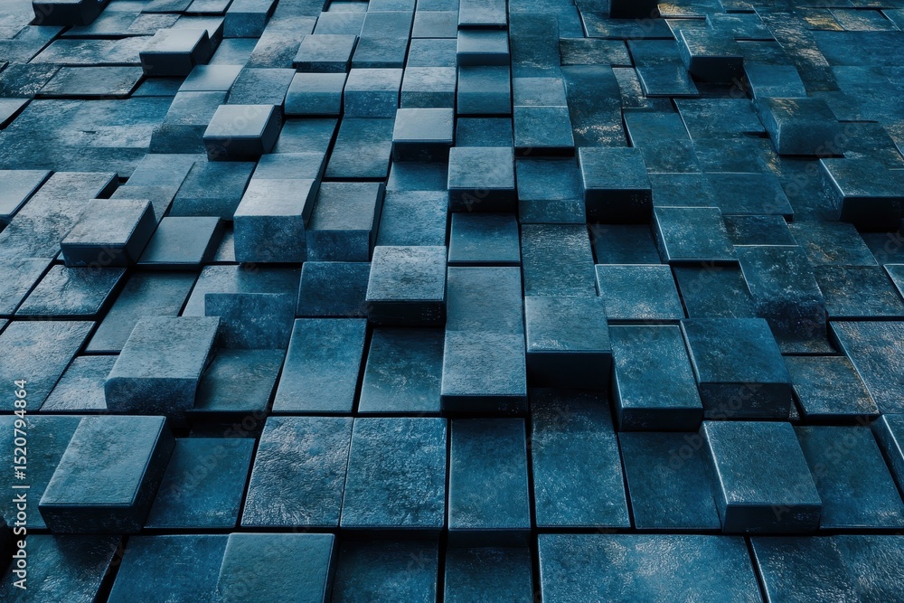 Poster abstract futuristic background featuring blue cubes displayed on a textured surface, surface with bl