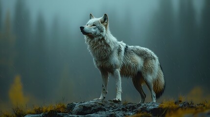 Majestic wolf standing on a rocky hill howling into the stormy sky