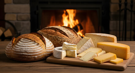 Bread, cheese and fireplace create a warm and inviting scene for food lovers.
