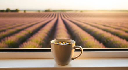 A peaceful scene with chamomile tea and a lavender field at sunset