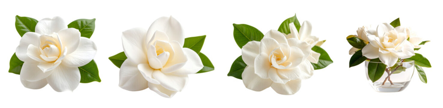 Beautiful white gardenia flowers with green leaves in a stylish arrangement.