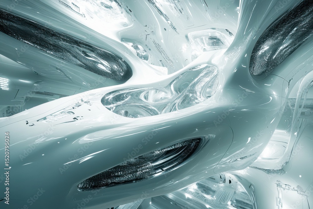 Poster futuristic architectural design featuring a sleek, flowing structure in a high tech environment, fut