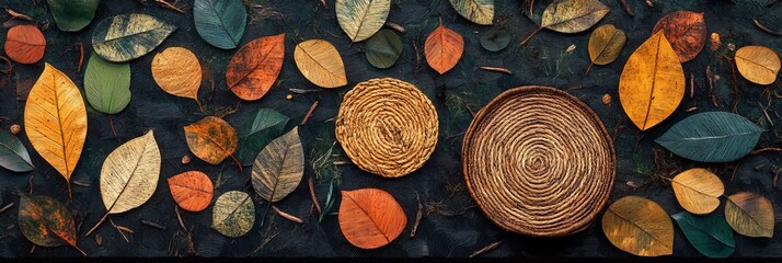 Colorful leaves and round wooden slices scattered on a dark surface.