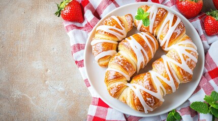 Freshly Baked Croissant with Strawberry and Sweet Icing Drizzle