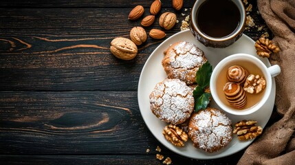 Delicious Treats with Coffee and Honey on Rustic Wooden Table