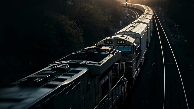 Freight train travelling on railroad tracks at sunset. Industrial transportation, logistics, and delivery concept. Cargo movement footage.