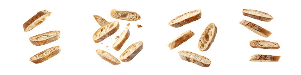 Set of bread slices flying motion isolated on transparent background PNG