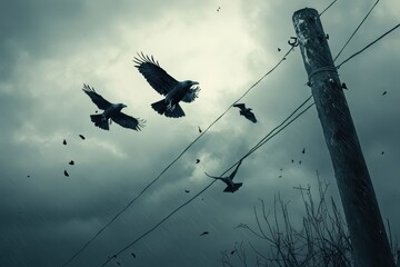 Naklejka premium Ravens soar through stormy skies above a telephone pole on a gloomy day, Ravens flying acrobatically over a pole on stormy day