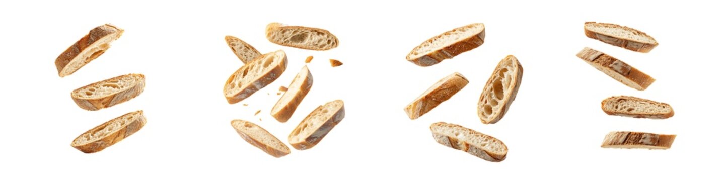 Set of bread slices flying motion isolated on transparent background PNG