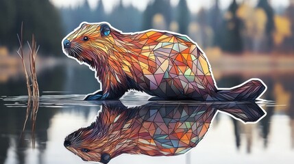 Beaver in water with reflection trees and foliage in the background.