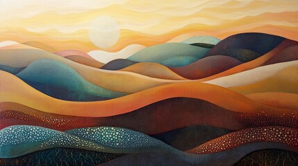 Abstract landscape painting with rolling hills and a bright sun or moon.