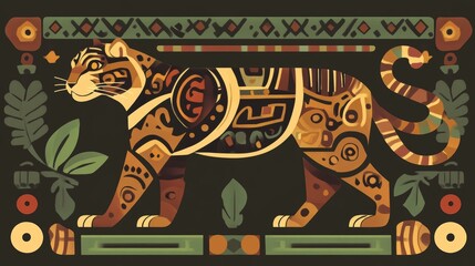 Stylized decorative illustration of a jaguar with geometric and floral elements.