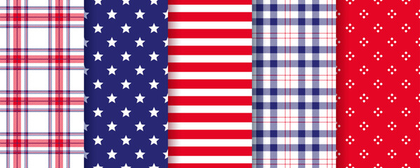 American backgrounds. 4th July seamless pattern. Patriotic prints. Set of Happy independence day textures. USA flag backdrops with stripes and stars. Blue red geometric ornament. Vector illustration.