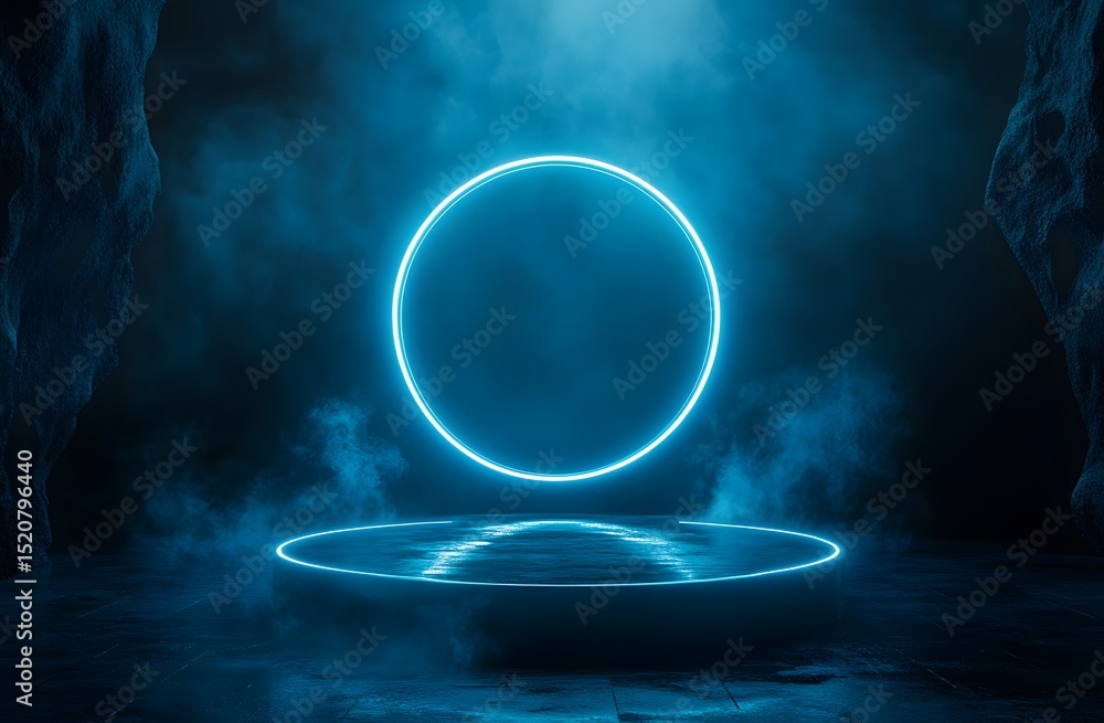 Poster abstract futuristic blue technology background with glowing circular podium and hologram elements fo