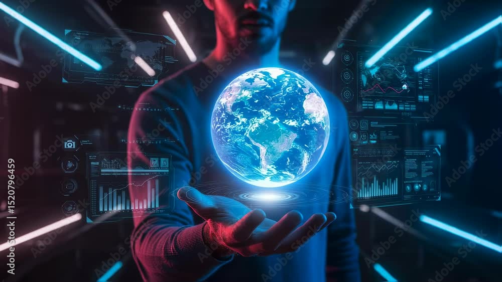 Poster man holding holographic earth globe with data interfaces. global technology, connectivity and augmen