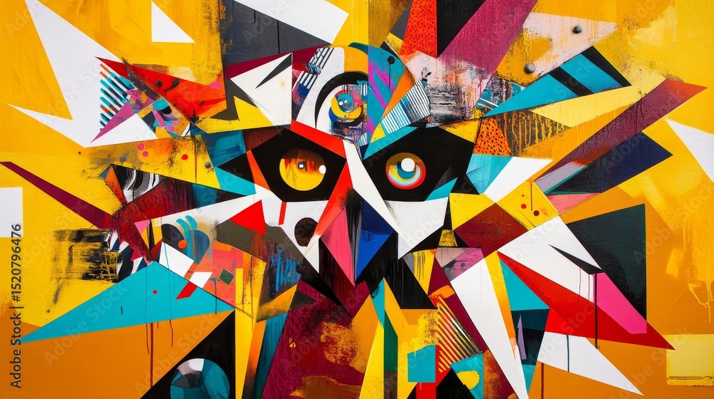 Poster abstract geometric art with vibrant colors triangles and shapes creating an eye.
