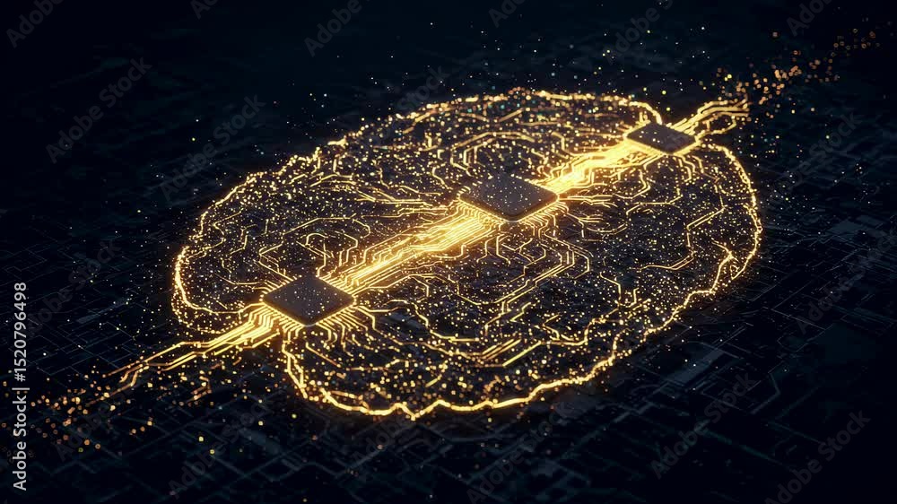 Poster computer brain with glowing circuit connections. artificial intelligence processors and neural netwo