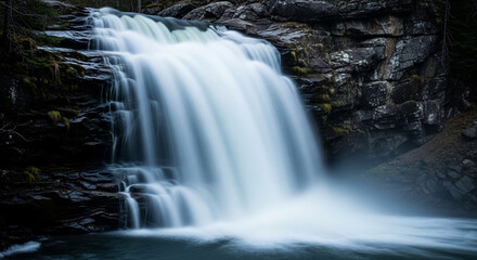 Obraz premium Cascading waterfall plunges into dark pool