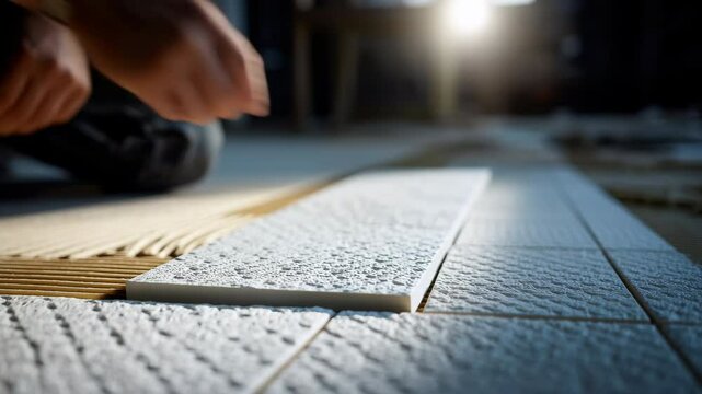 Hand tile installation adhesive construction flooring renovation closeup texture worker carefully installing textured tile floor with adhesive, showing detailed craftsmanship and professional repair