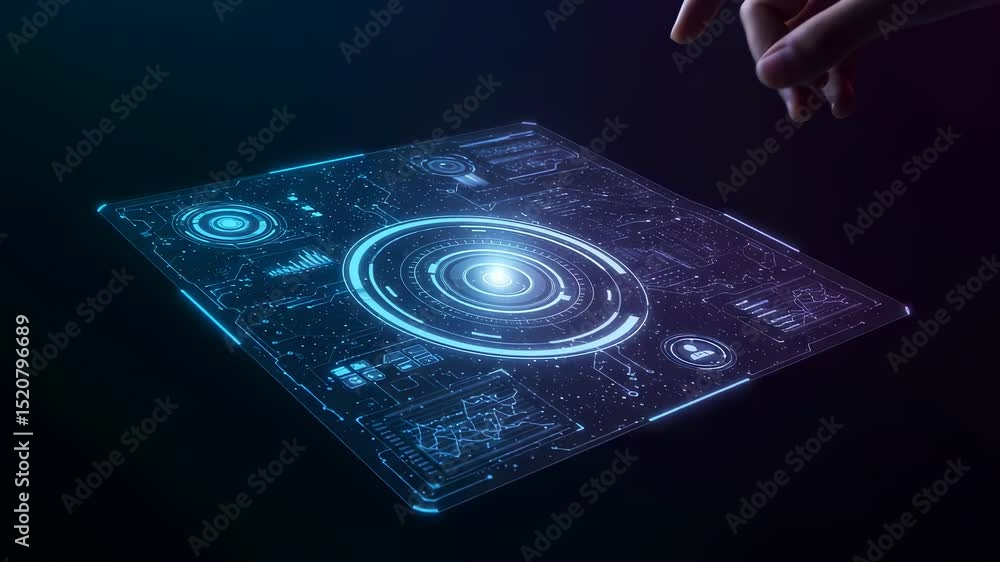 Poster female hand touching futuristic digital interface showing data and charts. concept of future technol