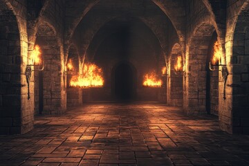 Medieval hall illuminated by flickering torchlight creating an atmospheric ambiance, medieval hall lit by the warm light of burning torches seamless ing background