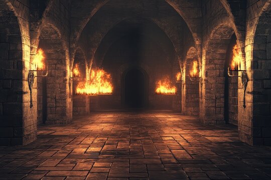 Medieval hall illuminated by flickering torchlight creating an atmospheric ambiance, medieval hall lit by the warm light of burning torches seamless ing background