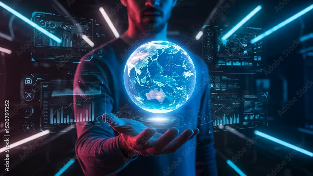 Poster man holding holographic earth globe with data displaying around. future internet of things, global n