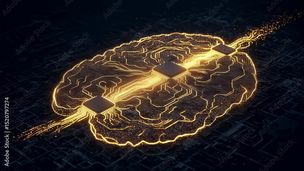 Poster abstract golden glowing brain with microchips. concept of artificial intelligence, machine learning,