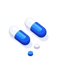 Two isometric blue and white capsules with two smaller pills